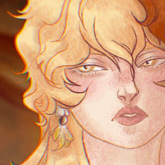 Ilustration of Aether from Genshin Impact. They're looking the left side. They have golden eyes and golden eyes. Light skin.